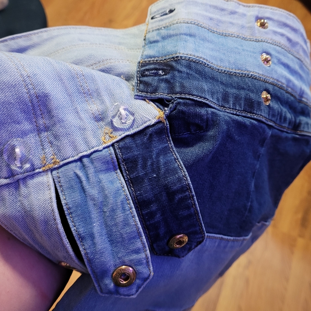 Patchwork Denim Mini Skirt M Bodycon Colorblock Mixed‎ Wash Y2K McBling Club Kid - Picture 4 of 6